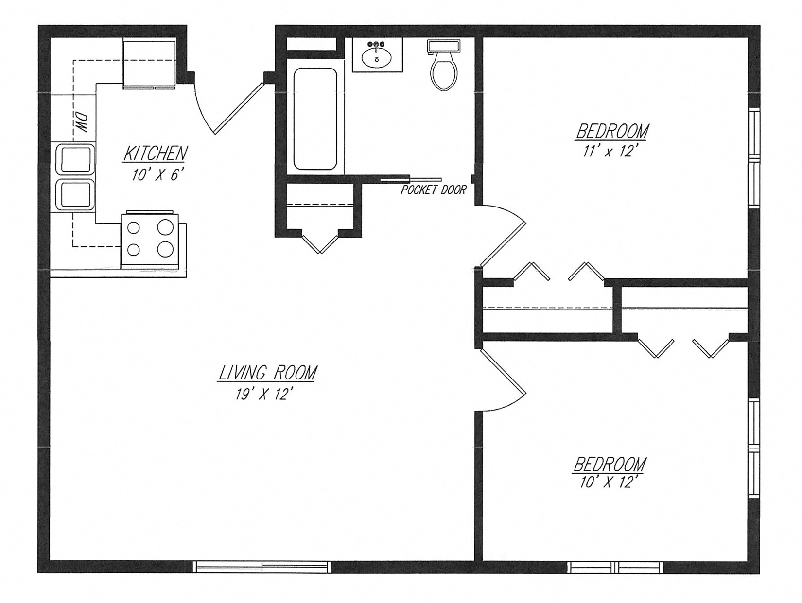 Floor plan for 2 beds, 1 bath, 690 sqft